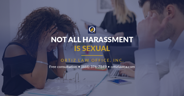 Not all harassment is sexual — Ortiz Law Office, Inc. graphic over an office scene with a distressed employee
